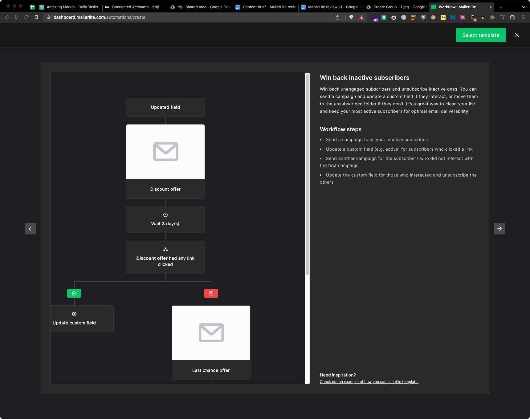 Screenshot example of MailerLite automation builder with the path to win back inactive subscribers.