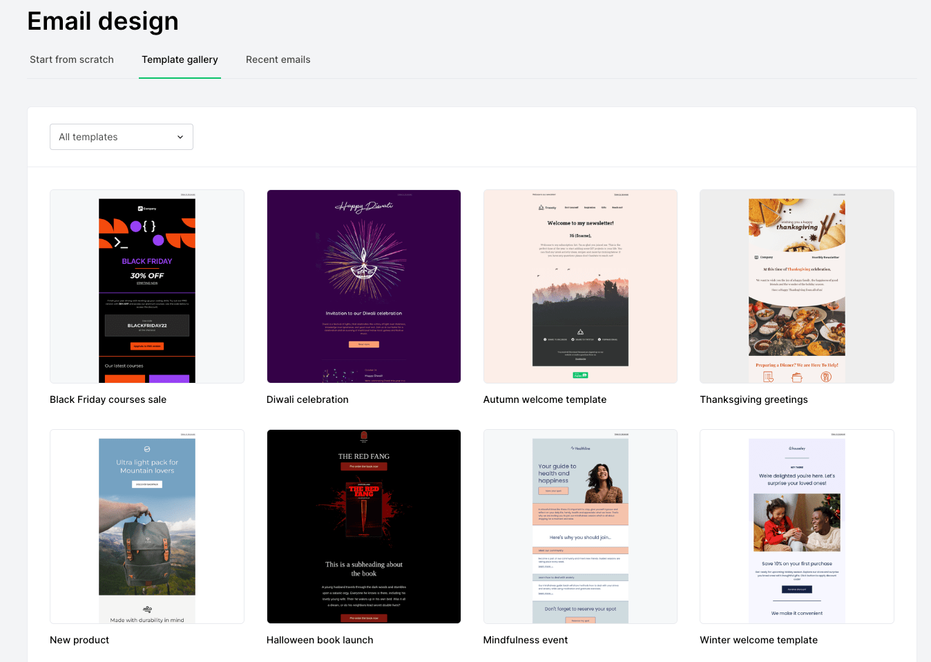 Screenshot of 8 MailerLite newsletter templates available.