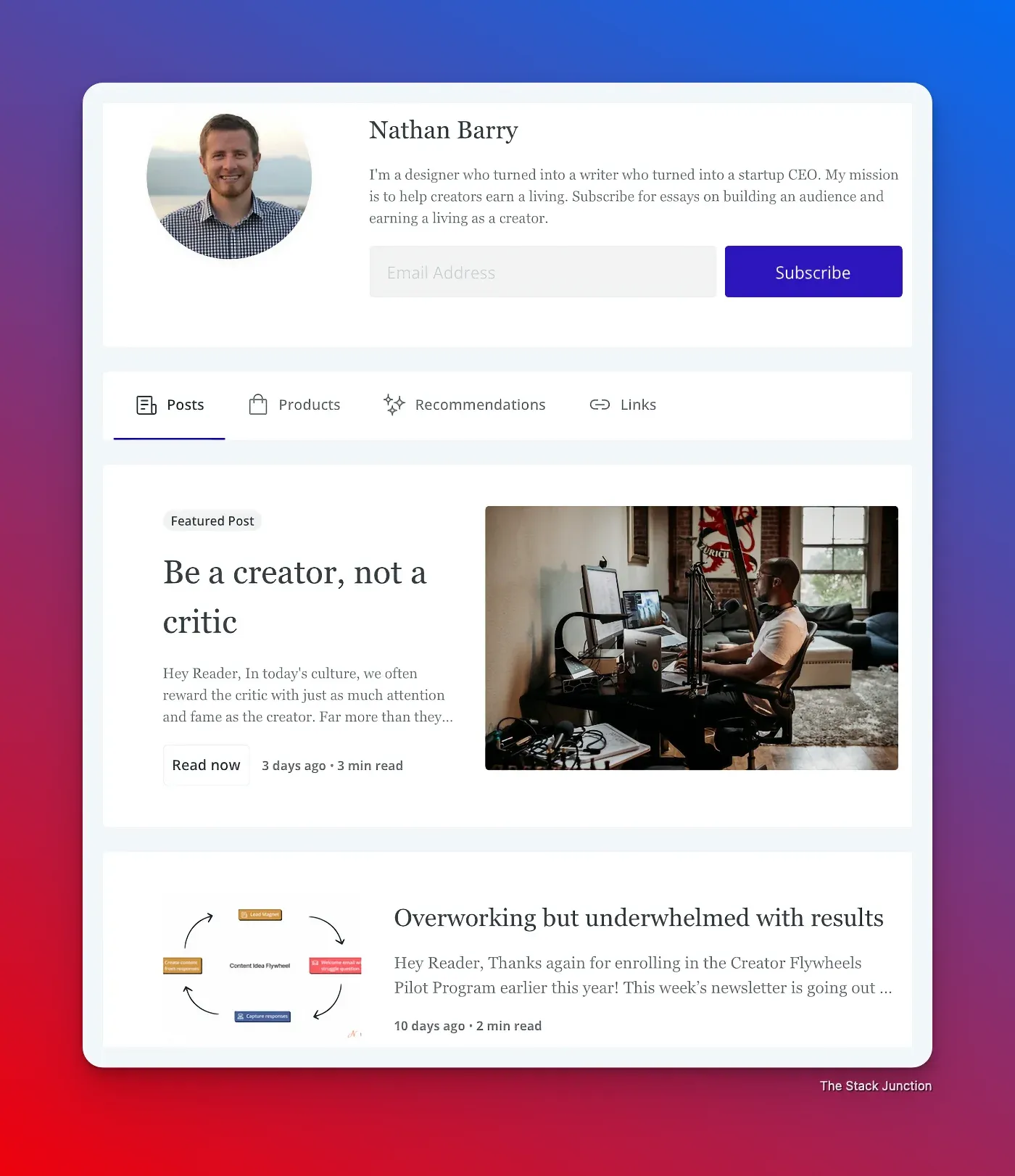 A screenshot of Nathan Barry's creator profile on ConverKit
