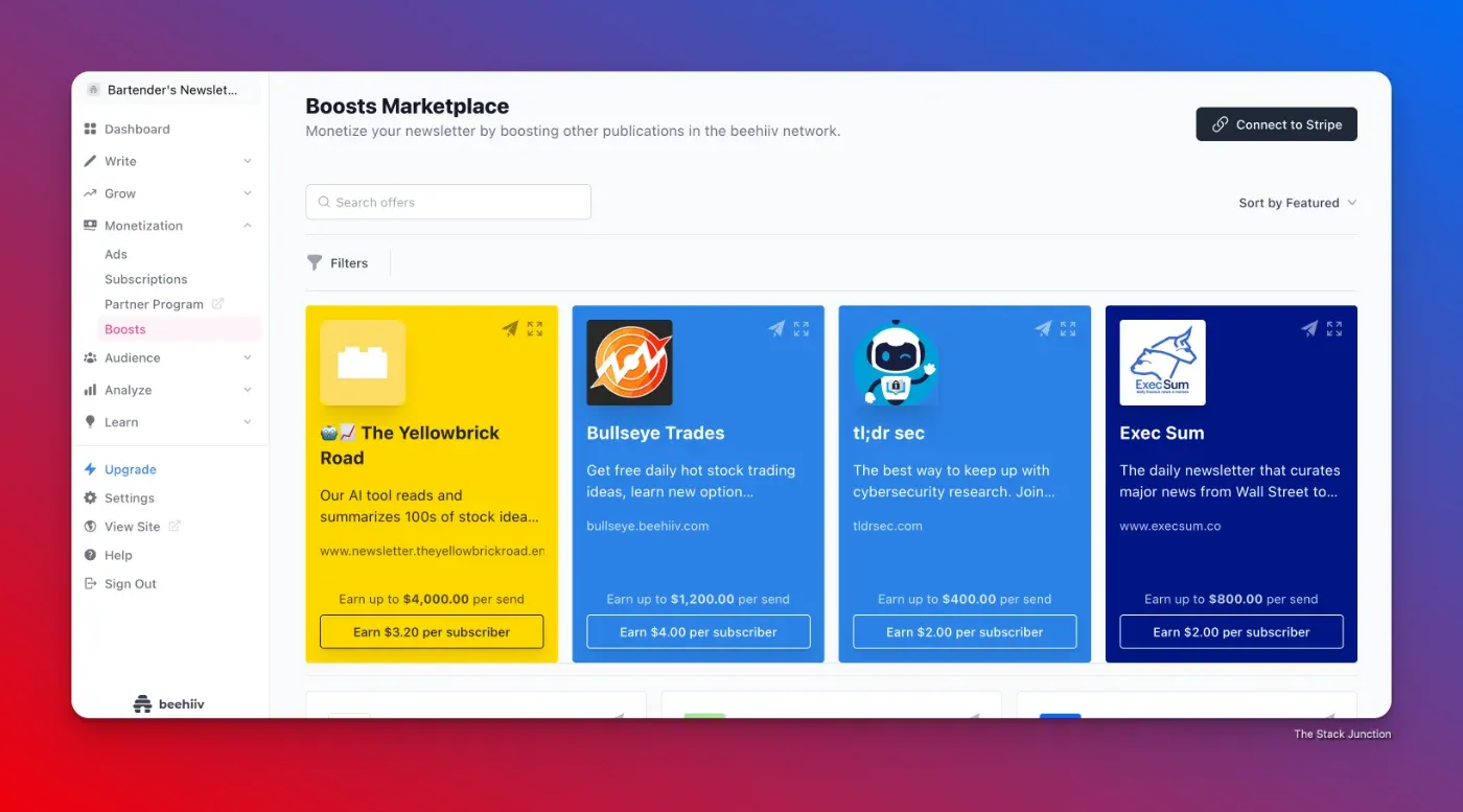 Boosts Marketplace interface showcasing different newsletter promotion options within the beehiiv network, including The Yellowbrick Road, Bullseye Trades, tl;dr sec, and Exec Sum, with potential earnings per send and per subscriber listed for each.