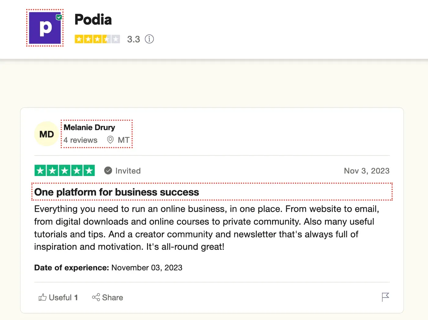 Trustpilot review for Podia highlighting user satisfaction with its all-in-one platform for online business, community, and content creation.