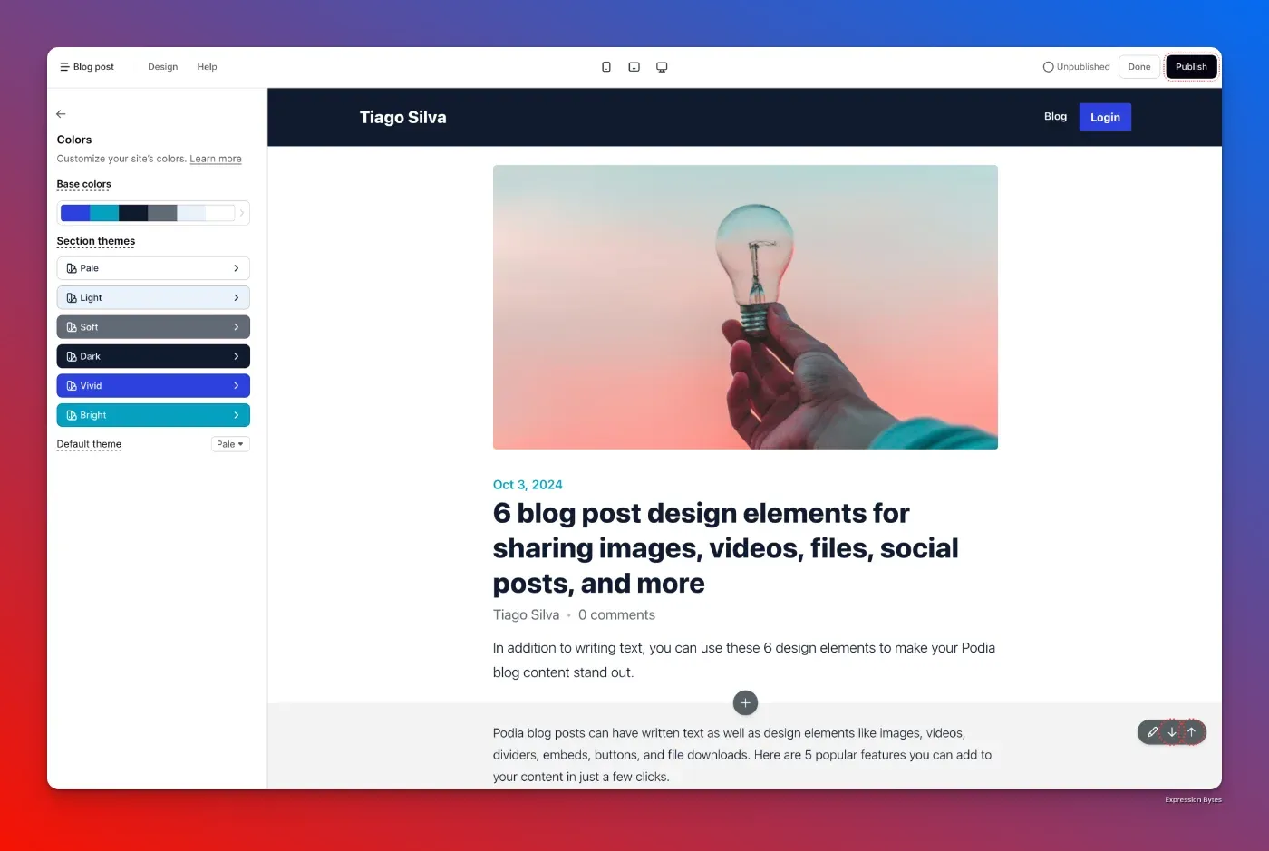 Podia website customization screen showing blog post design with color themes, featuring a post on blog design elements by Tiago Silva.