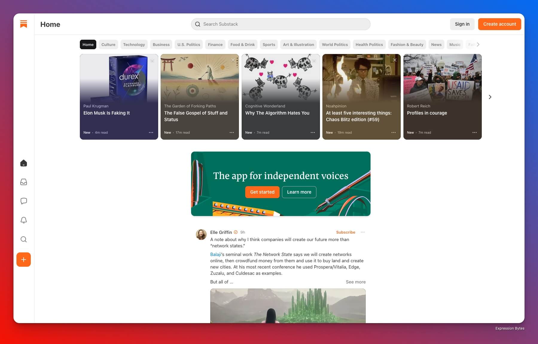 Substack home page as of February 2025