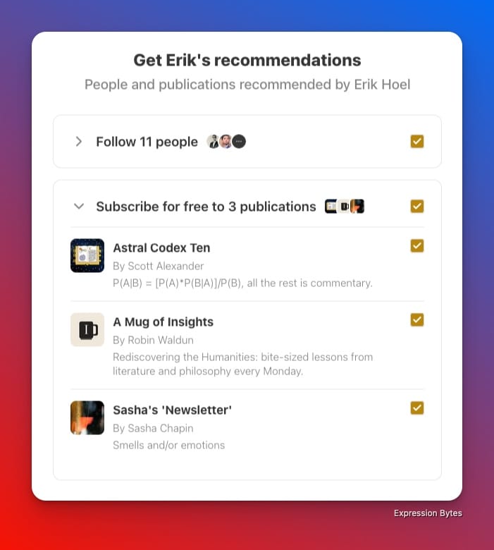 Substack's recommendations after I signed up for Erik's newsletter.
