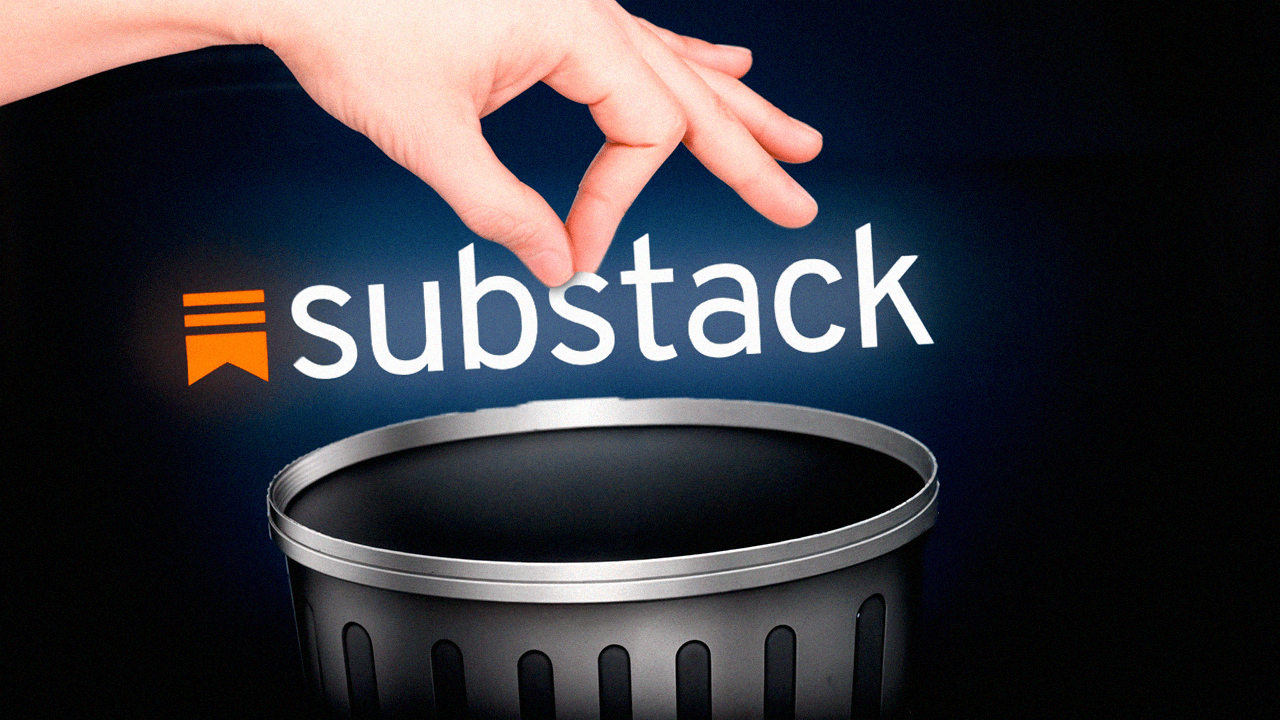 A hand grabbing the Substack logo over a trash can.